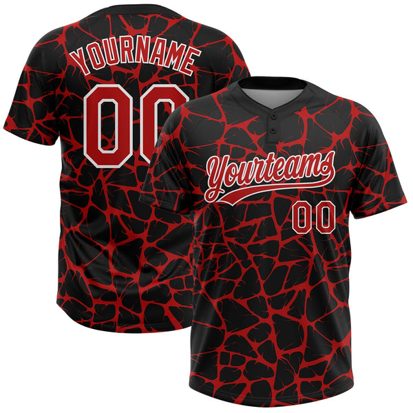 Custom Black Red-White Abstract Network Crackle Two-Button Unisex Softball Jersey