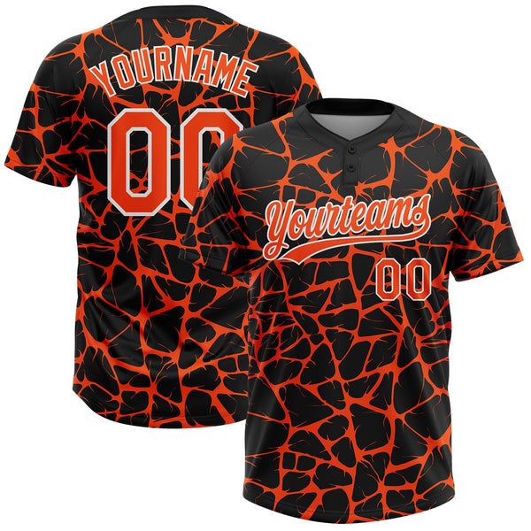 Custom Black Orange-White Abstract Network Crackle Two-Button Unisex Softball Jersey
