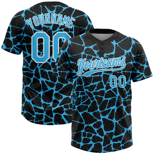 Custom Black Sky Blue-White Abstract Network Crackle Two-Button Unisex Softball Jersey