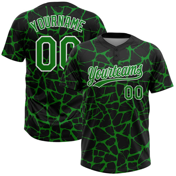 Custom Black Grass Green-White Abstract Network Crackle Two-Button Unisex Softball Jersey