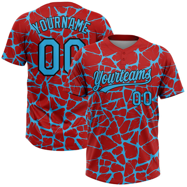 Custom Red Sky Blue-Black Abstract Network Crackle Two-Button Unisex Softball Jersey