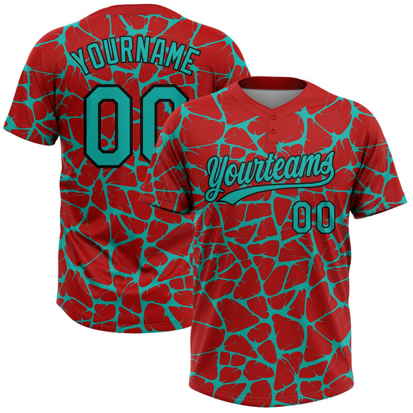 Custom Red Aqua-Black Abstract Network Crackle Two-Button Unisex Softball Jersey