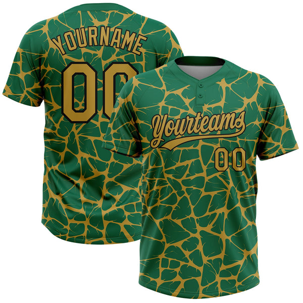 Custom Kelly Green Old Gold-Black Abstract Network Crackle Two-Button Unisex Softball Jersey