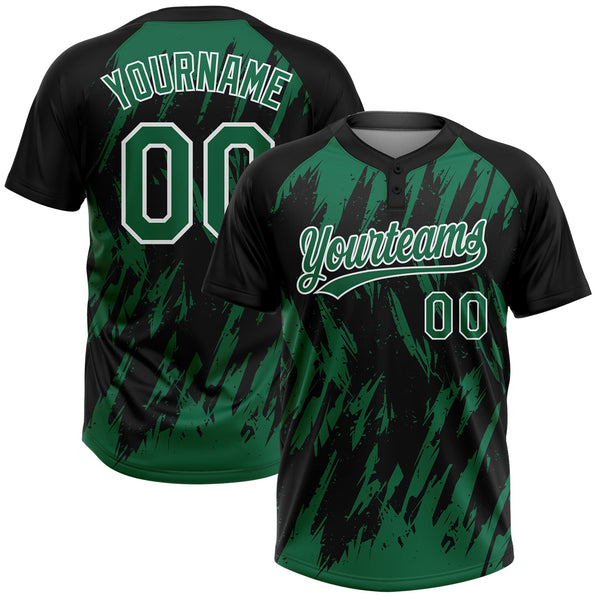 Custom Black Kelly Green-White Splatter Torn Sharp Brush Stroke Two-Button Unisex Softball Jersey