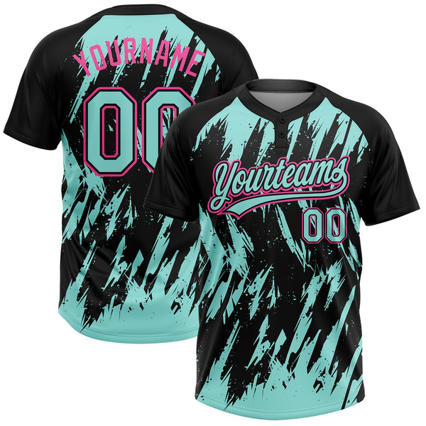 Custom Black Ice Blue-Pink Splatter Torn Sharp Brush Stroke Two-Button Unisex Softball Jersey