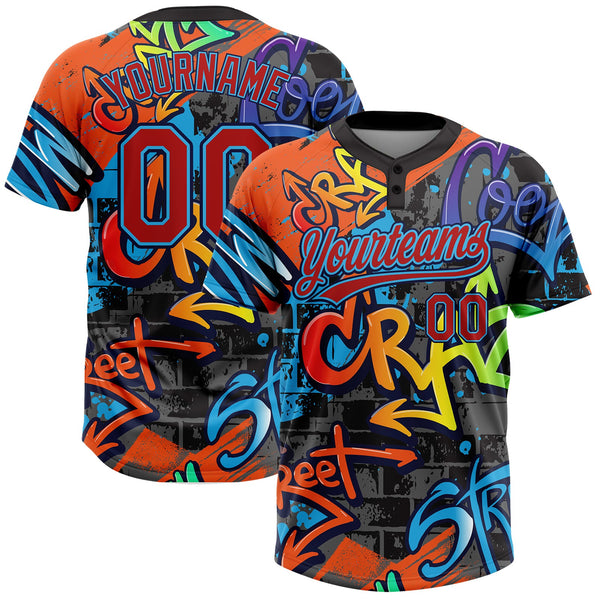 Custom Graffiti Pattern Red Sky Blue-Navy Vibrant Multi-Color Street Style Two-Button Unisex Softball Jersey