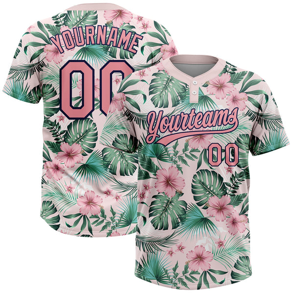 Custom White Medium Pink-Navy Hawaii Palm Leaves And Flowers Two-Button Unisex Softball Jersey