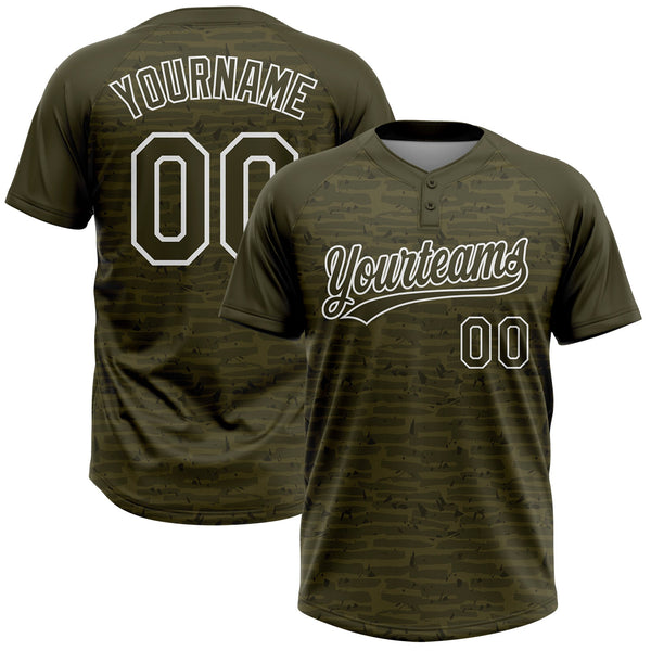 Custom Olive-White Raglan Sleeves Distressed Fragment Brush Stroke Two-Button Unisex Softball Jersey