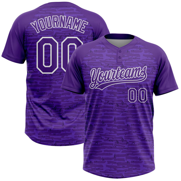 Custom Purple-White Raglan Sleeves Distressed Fragment Brush Stroke Two-Button Unisex Softball Jersey