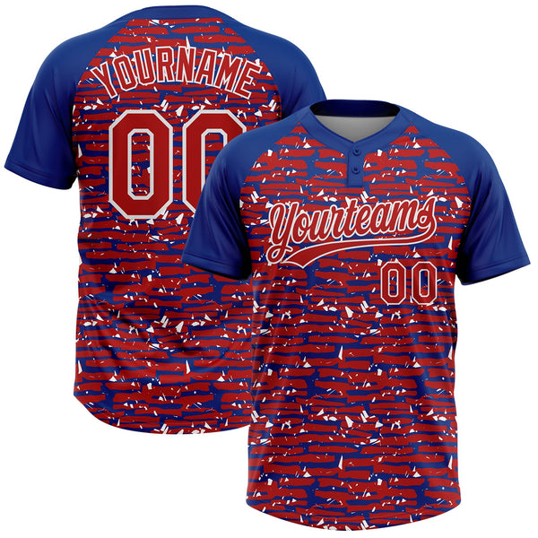 Custom Red Royal-White Raglan Sleeves Distressed Fragment Brush Stroke Two-Button Unisex Softball Jersey