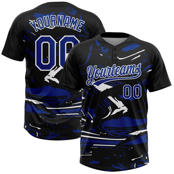 Custom Black Royal-White Raglan Sleeves Abstract Fluid Marble Two-Button Unisex Softball Jersey