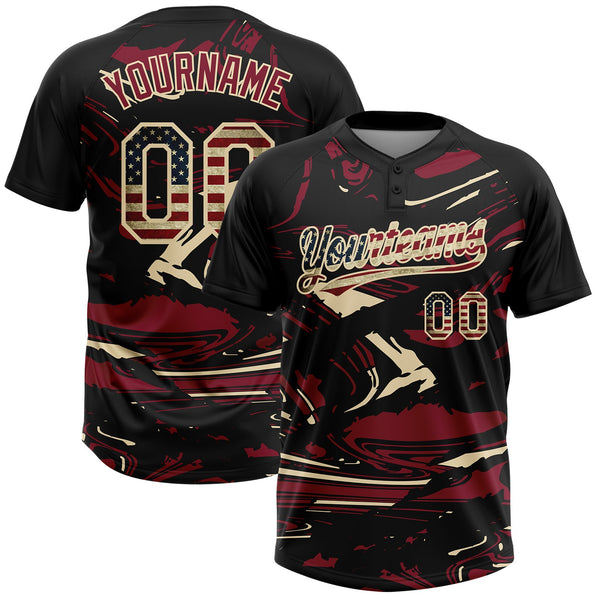 Custom Black Vintage USA Flag Crimson Cream-Cream Raglan Sleeves Abstract Fluid Marble Two-Button Unisex Softball Jersey