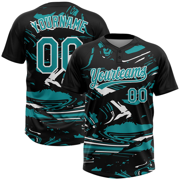 Custom Black Teal-White Raglan Sleeves Abstract Fluid Marble Two-Button Unisex Softball Jersey