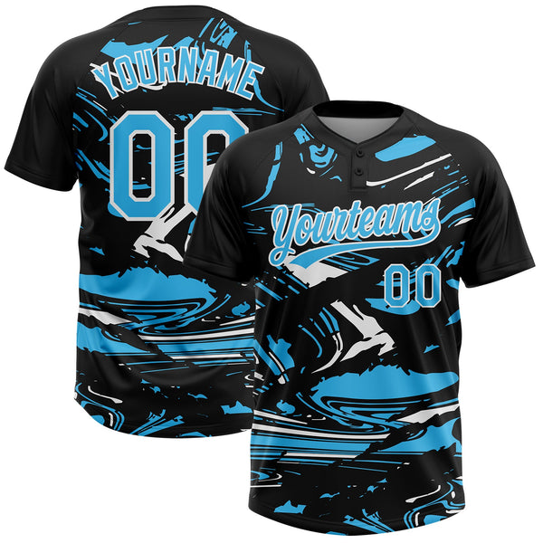 Custom Black Sky Blue-White Raglan Sleeves Abstract Fluid Marble Two-Button Unisex Softball Jersey
