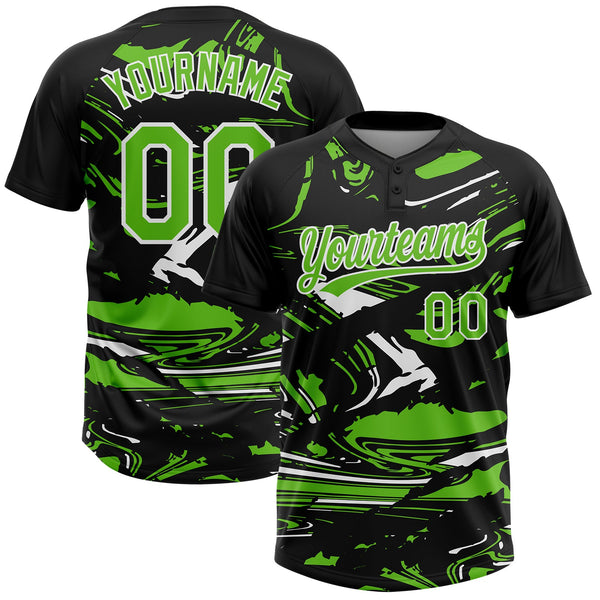 Custom Black Aurora Green-White Raglan Sleeves Abstract Fluid Marble Two-Button Unisex Softball Jersey