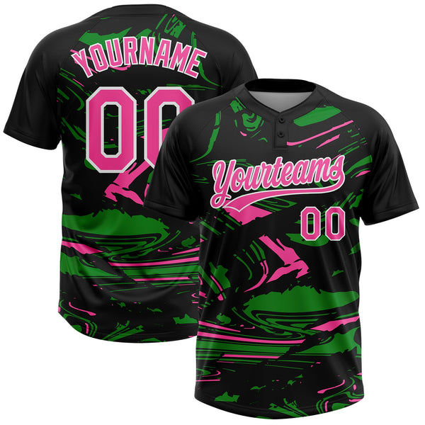 Custom Black Pink Grass Green-White Raglan Sleeves Abstract Fluid Marble Two-Button Unisex Softball Jersey