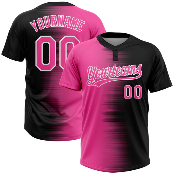 Custom Black Pink-White Gradient Horizontal Stripe Two-Button Unisex Softball Jersey
