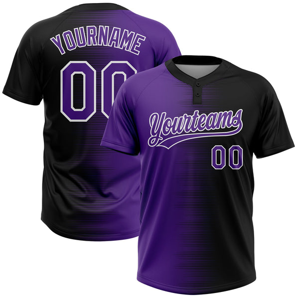 Custom Black Purple-White Gradient Horizontal Stripe Two-Button Unisex Softball Jersey