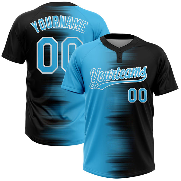 Custom Black Sky Blue-White Gradient Horizontal Stripe Two-Button Unisex Softball Jersey