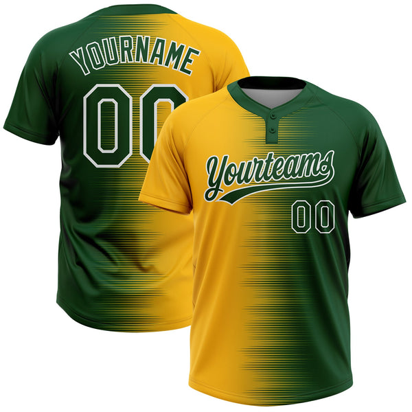 Custom Green Gold-White Gradient Horizontal Stripe Two-Button Unisex Softball Jersey
