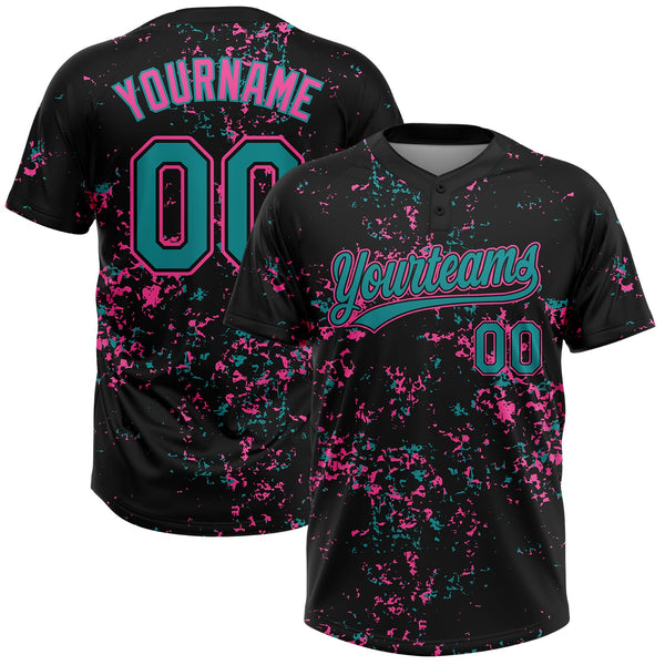 Custom Black Teal-Pink Abstract Shattered Paint Splatter Two-Button Unisex Softball Jersey