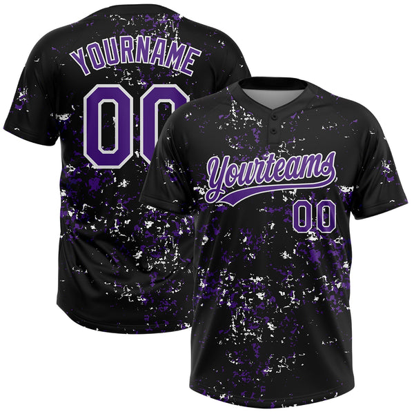 Custom Black Purple-White Abstract Shattered Paint Splatter Two-Button Unisex Softball Jersey
