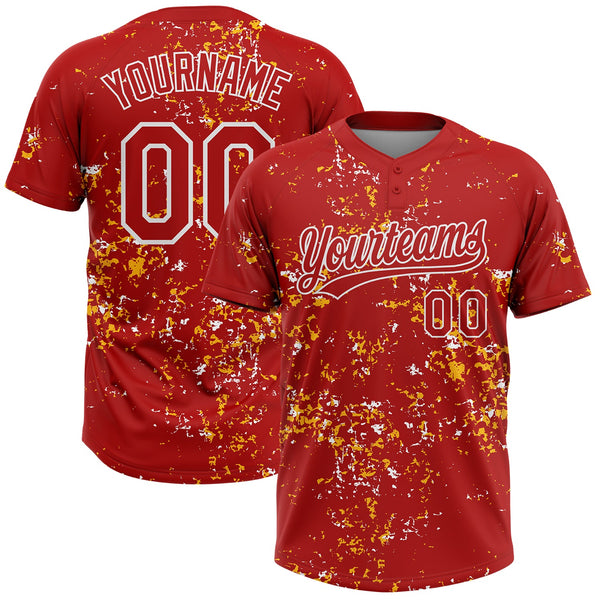 Custom Red Gold-White Abstract Shattered Paint Splatter Two-Button Unisex Softball Jersey