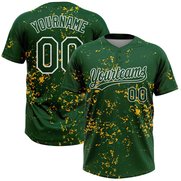Custom Green Kelly Green Gold-White Abstract Shattered Paint Splatter Two-Button Unisex Softball Jersey