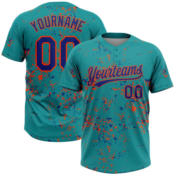 Custom Teal Royal-Orange Abstract Shattered Paint Splatter Two-Button Unisex Softball Jersey