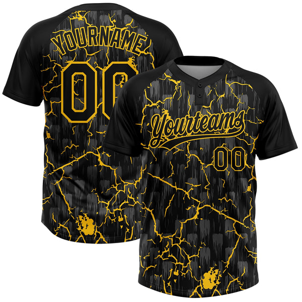Custom Black Yellow-Gray Raglan Sleeves Neon Lightning Crackle Two-Button Unisex Softball Jersey