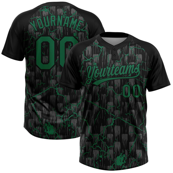 Custom Black Kelly Green-Gray Raglan Sleeves Neon Lightning Crackle Two-Button Unisex Softball Jersey