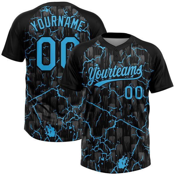 Custom Black Sky Blue-Gray Raglan Sleeves Neon Lightning Crackle Two-Button Unisex Softball Jersey