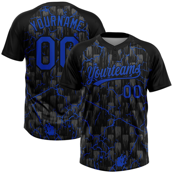 Custom Black Thunder Blue-Gray Raglan Sleeves Neon Lightning Crackle Two-Button Unisex Softball Jersey