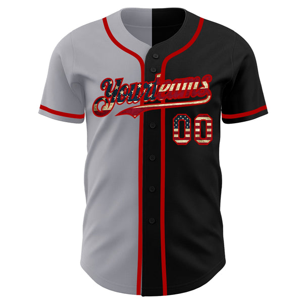 Custom Black Vintage USA Flag Gray-Red Authentic Split Fashion Baseball Jersey alternate