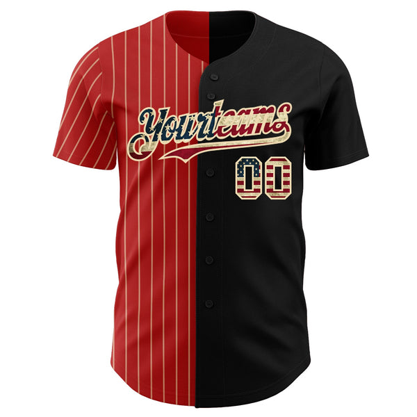 Custom Black Vintage USA Flag Red-Cream Pinstripe Authentic Split Fashion Baseball Jersey alternate