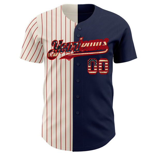 Custom Navy Vintage USA Flag Cream-Red Pinstripe Authentic Split Fashion Baseball Jersey alternate