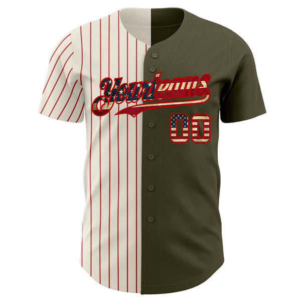 Custom Olive Vintage USA Flag Cream-Red Pinstripe Authentic Split Fashion Salute To Service Baseball Jersey alternate