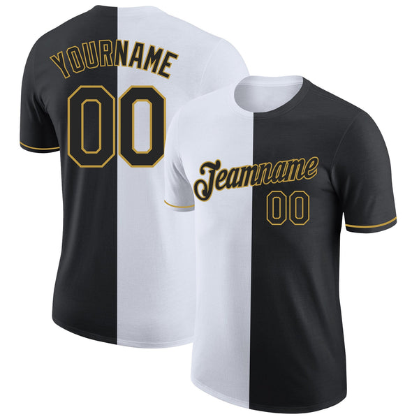 Custom Black White-Old Gold Split Fashion Performance T-Shirt