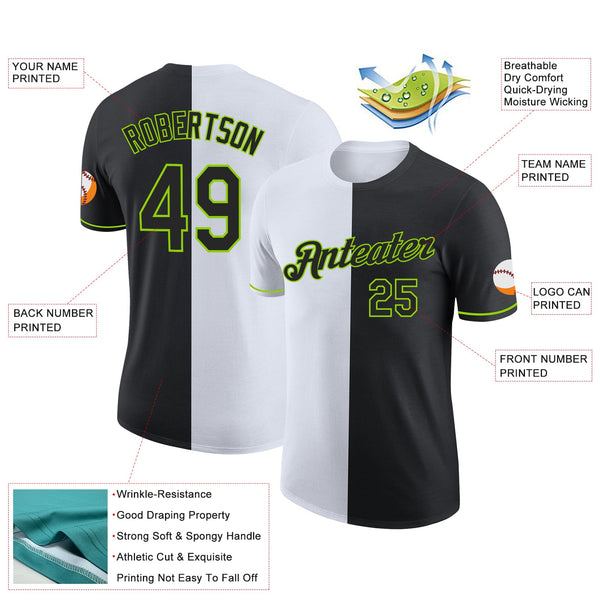 Custom Black White-Neon Green Split Fashion Performance T-Shirt alternate