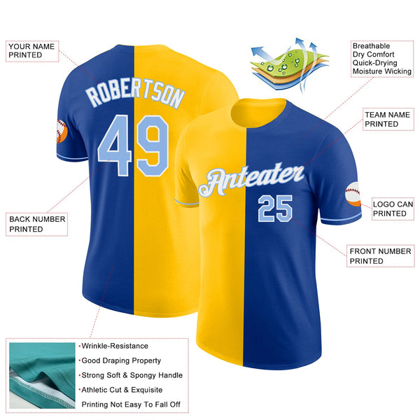 Custom Royal Light Blue-Yellow Split Fashion Performance T-Shirt alternate