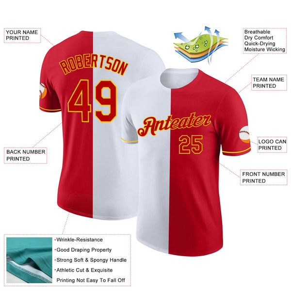 Custom Red White-Yellow Split Fashion Performance T-Shirt alternate
