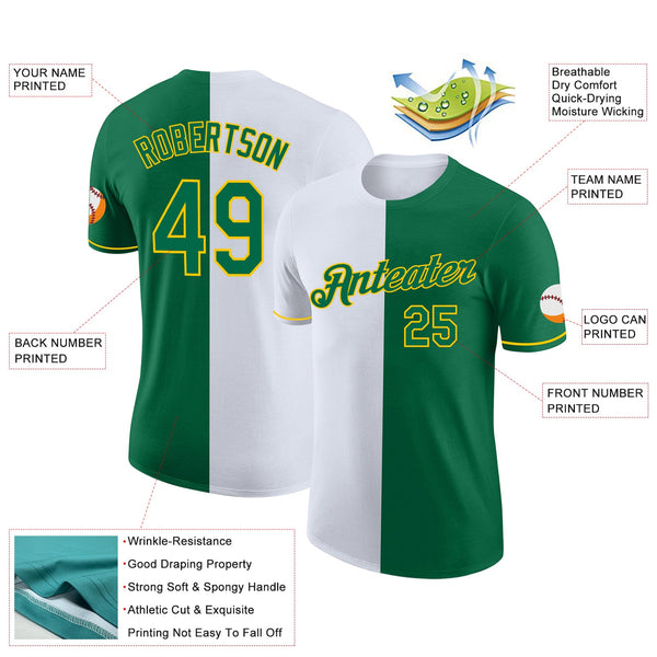 Custom Kelly Green White-Yellow Split Fashion Performance T-Shirt alternate