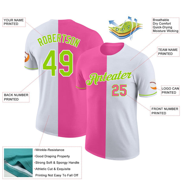 Custom White Neon Green-Pink Split Fashion Performance T-Shirt alternate