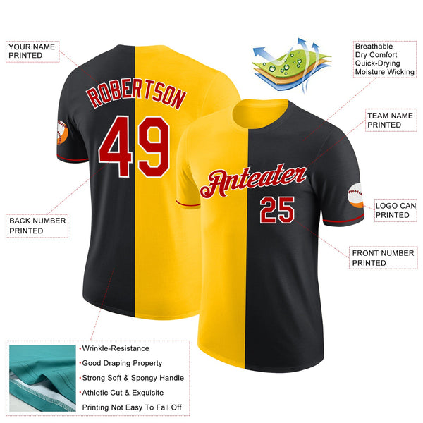 Custom Black Red-Yellow Split Fashion Performance T-Shirt alternate