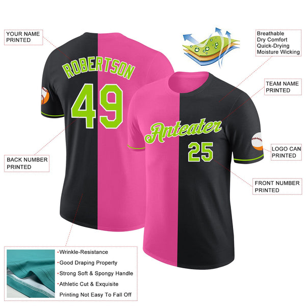 Custom Black Neon Green-Pink Split Fashion Performance T-Shirt alternate