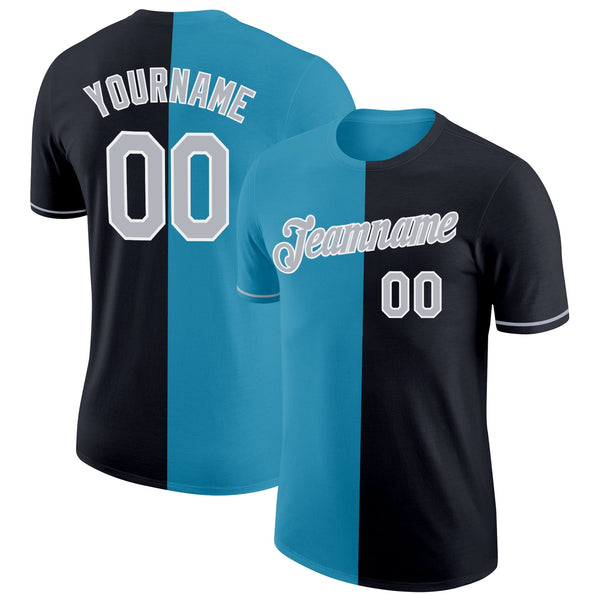 Custom Black Gray-Panther Blue Split Fashion Performance T-Shirt
