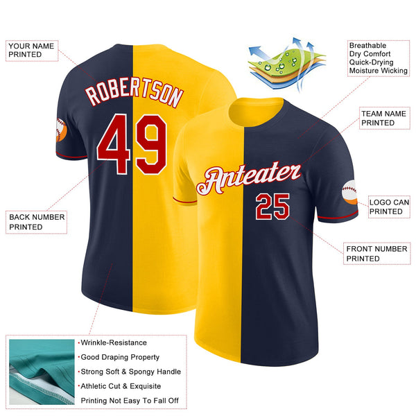 Custom Navy Red-Yellow Split Fashion Performance T-Shirt alternate