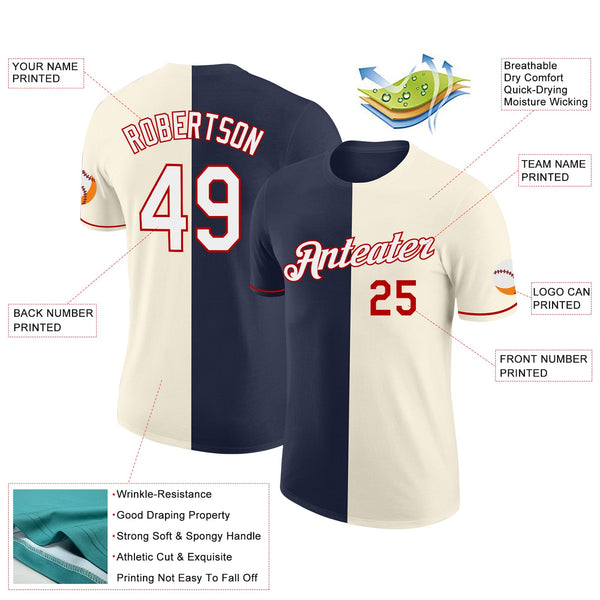 Custom Cream White Navy-Red Split Fashion Performance T-Shirt alternate