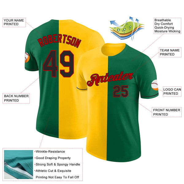 Custom Kelly Green Black Yellow-Red Split Fashion Performance T-Shirt alternate