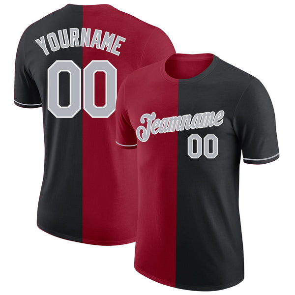 Custom Black Gray-Crimson Split Fashion Performance T-Shirt